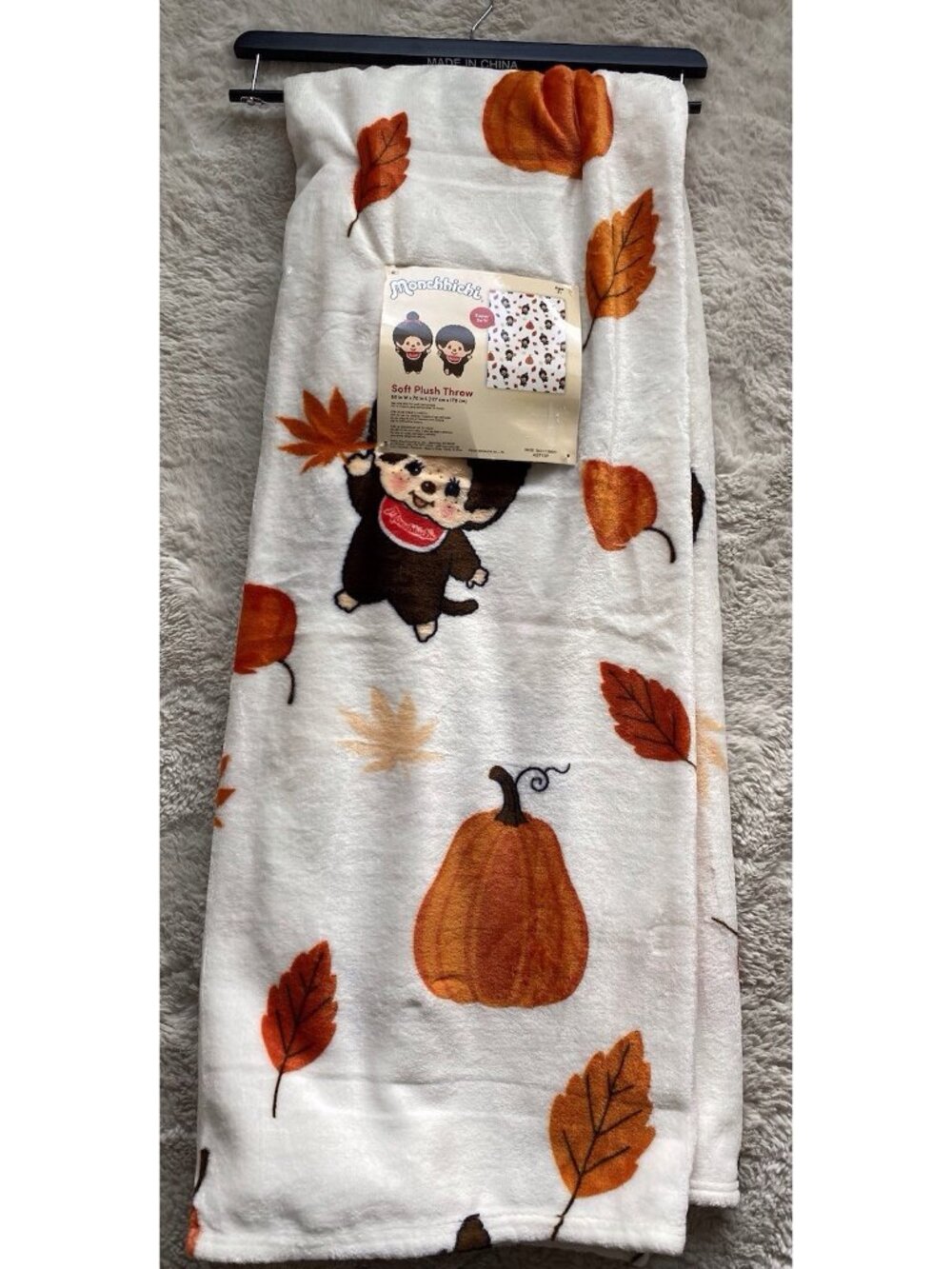 Monchhichi Autumn Fall Pumpkin Soft Plush Throw Blanket 50” X 70” NEW